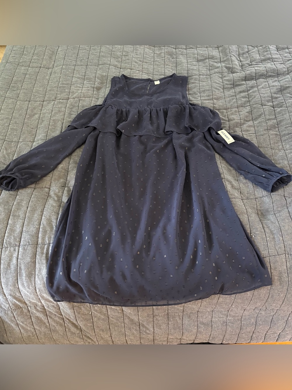 Old Navy Navy Blue Cold Shoulder Ruffle-Front Sheer Clip Dot Shift Dress; M